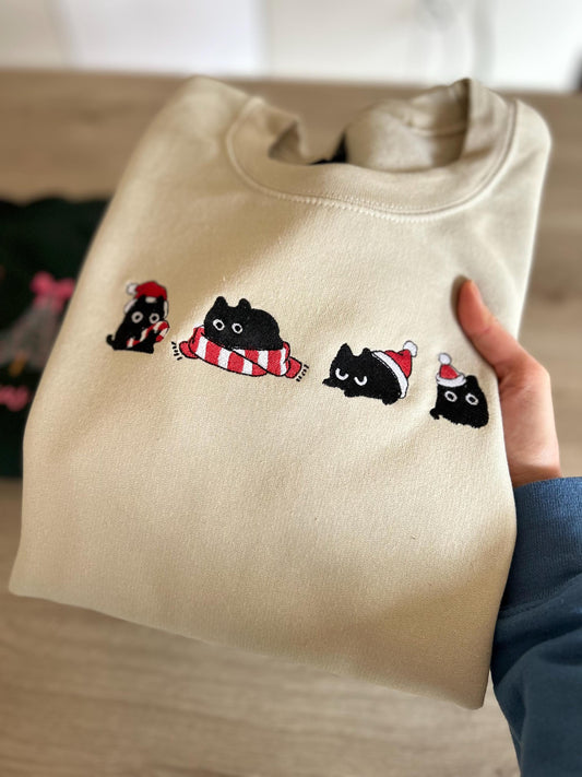 Sweat pull hiver Noël brodé avec chats cadeau personnalisable