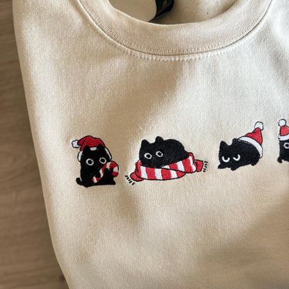 Sweat pull hiver Noël brodé avec chats